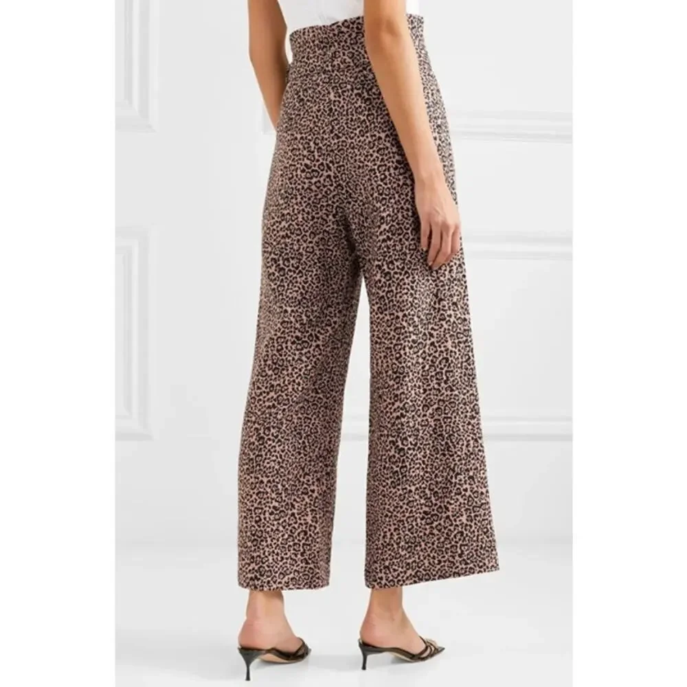 Reformation Jackie Cropped Belted Leopard Print Linen Wide Leg Pants Size 2